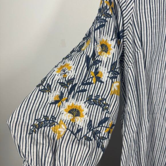 J.Jill Top Women MP Blue Cotton Tunic Striped Yellow Floral Embroidery Spring - Picture 4 of 8